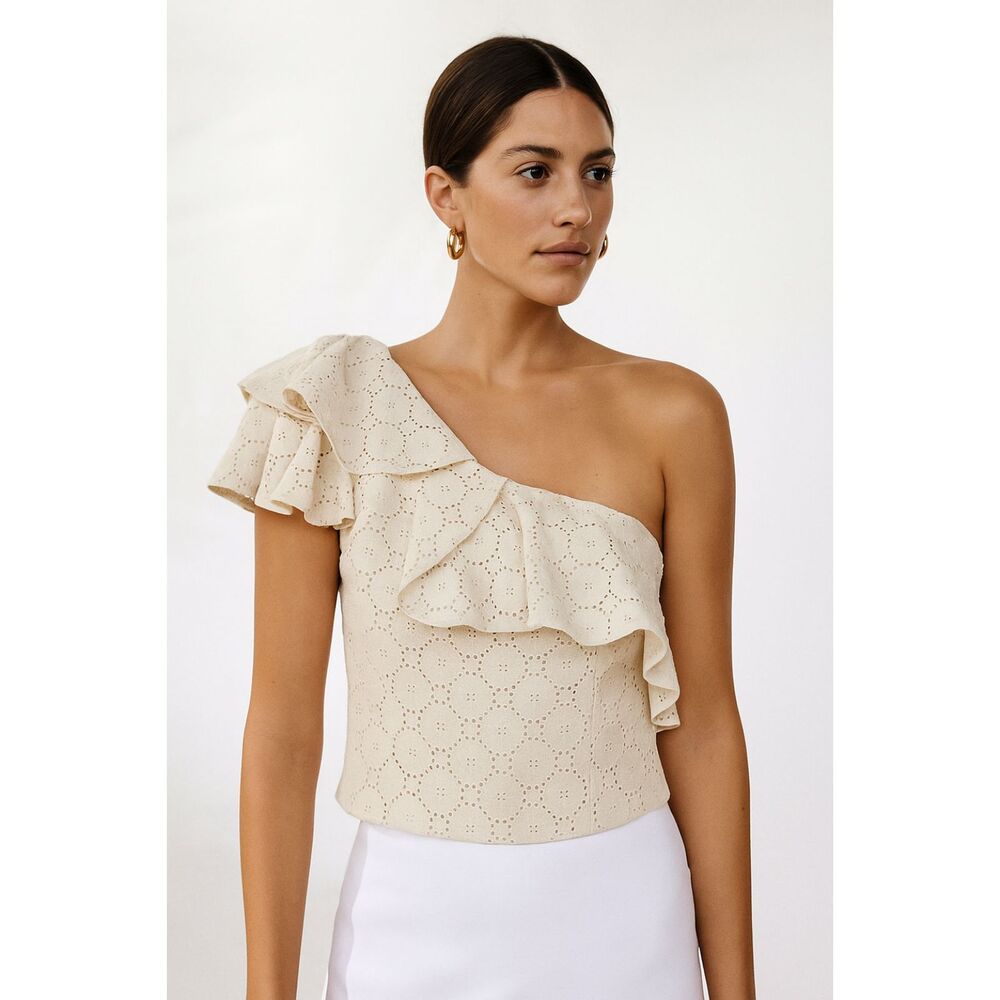 PatBO One Shoulder Eyelet Ruffle Top in Ivory Cream 4 NWT